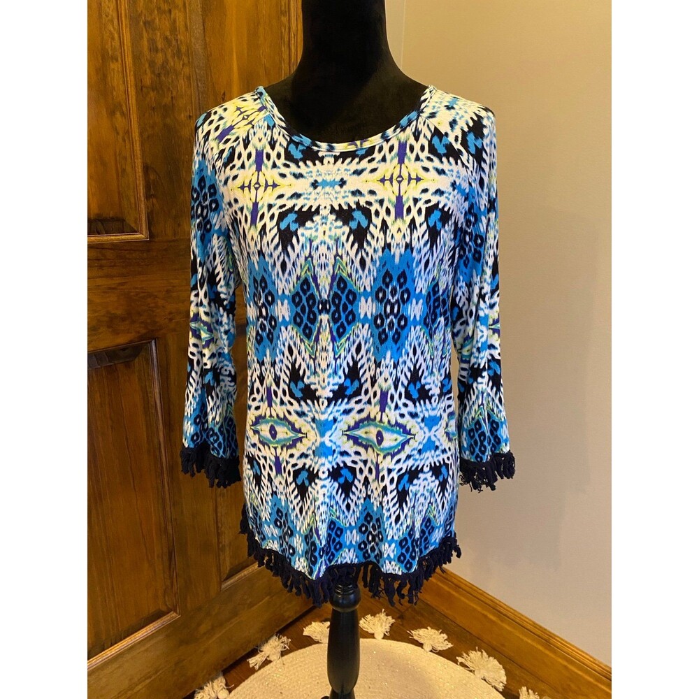 Life Style Blue‎ Green Women’s ? Sz Large Stretch Top Blouse w/  Fringe hem